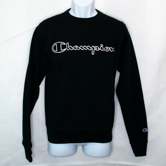 Champion Embroidered Logo Sweatshirt Mens XS Black Crewneck Spell Out Gym V15X - Picture 1 of 5